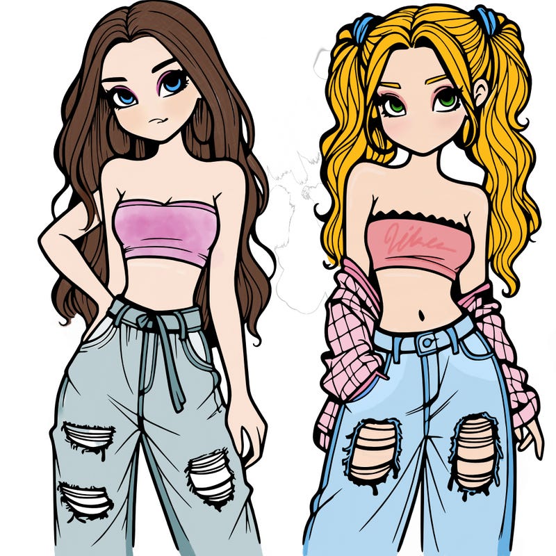 2 girls in crop tops and baggy jeans ripped
