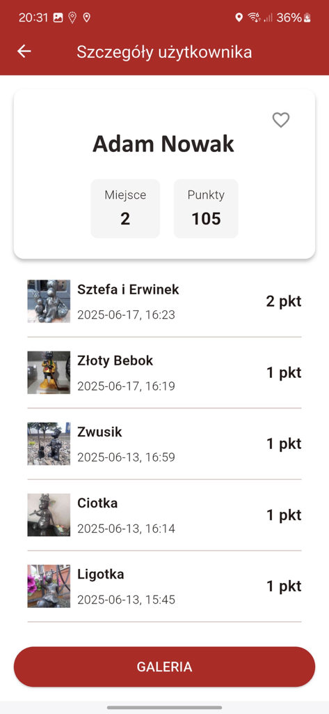 User profile screen in the Slaskie Beboki app showing a ranking of 2, total points of 105, and a chronological list of collected Bebok sculptures with photos and point values.