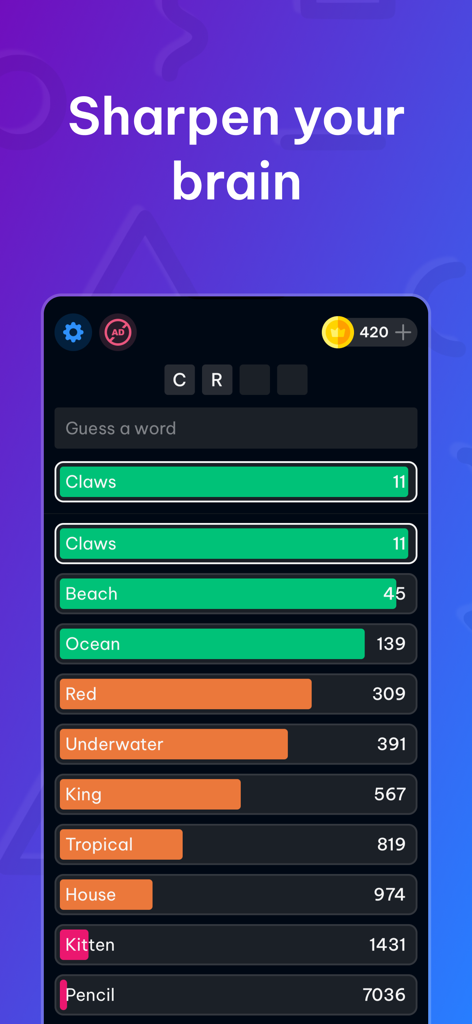 A mobile game interface of Contexto showing word guesses ranked by semantic similarity to a secret word