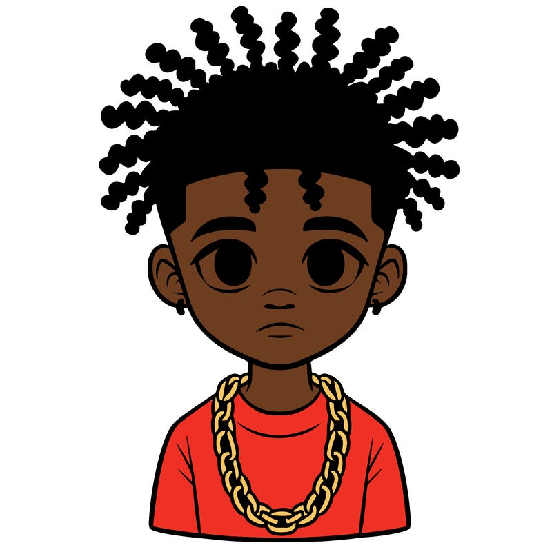 a 10 year old black boy that has indavisual twist and a chain on