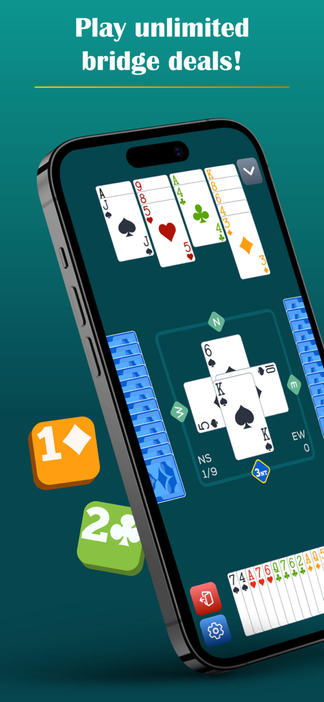Play Bridge: Offline Card Game - Una pantalla de teléfono móvil mostrando un juego de bridge con cartas y botones de declaración