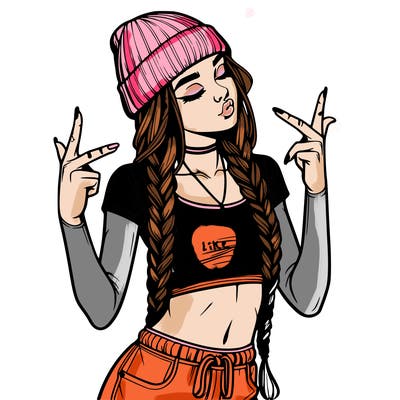 realistic teenage girl with braids and a beanie and crop top doing 🫶🏼