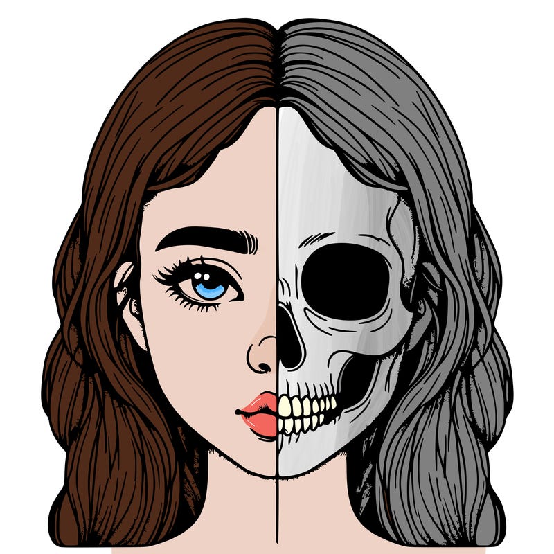 realistic girl half face half skull