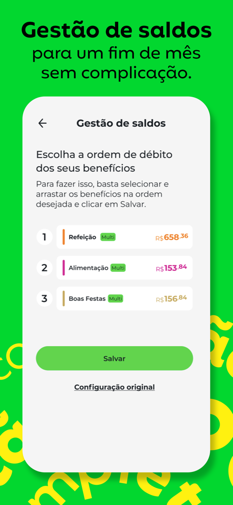 SuperApp VR mobile screen for managing benefit balances and setting the debit order for meal and food vouchers.