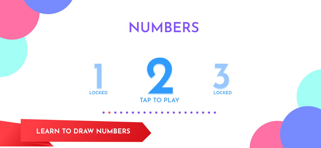 Slate Tracing Alphabets Number - Interfaz de aplicación educativa que muestra una pantalla de selección de números con el número dos resaltado y un banner que dice aprende a dibujar números