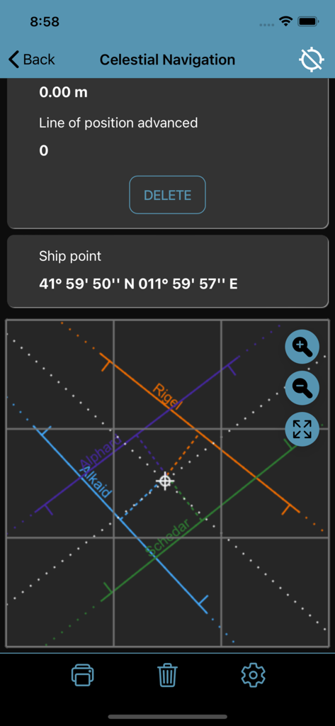 Nautical Calculator Pro - Interfaccia di navigazione astronomica di Nautical Calculator Pro che mostra linee di posizione per varie stelle