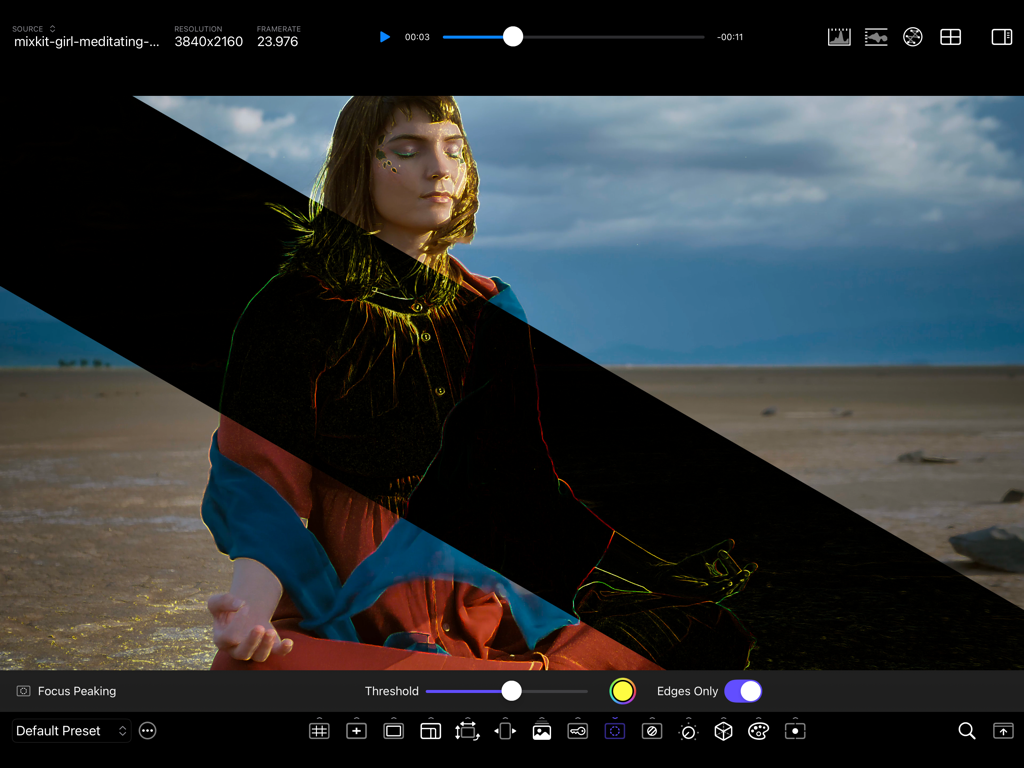 CineMon - CineMon app interface demonstrating focus peaking with edges only mode on 4K video