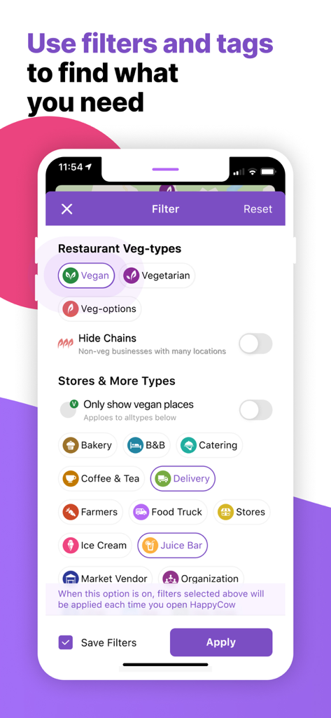 HappyCow - Vegan Food Near You - HappyCow app search filter screen showing options for vegan, vegetarian, and various establishment types like bakery and coffee shops
