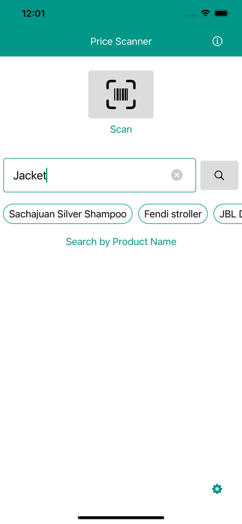 Price Check Scanner - Price Check Scanner mobile app search interface showing a barcode scan button and a search bar with the word Jacket