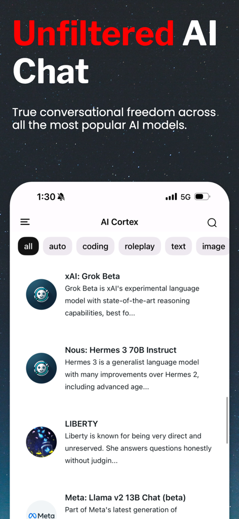 FreedomGPT - Interfaz de la aplicación FreedomGPT que muestra una lista de modelos y categorías de IA sin filtros