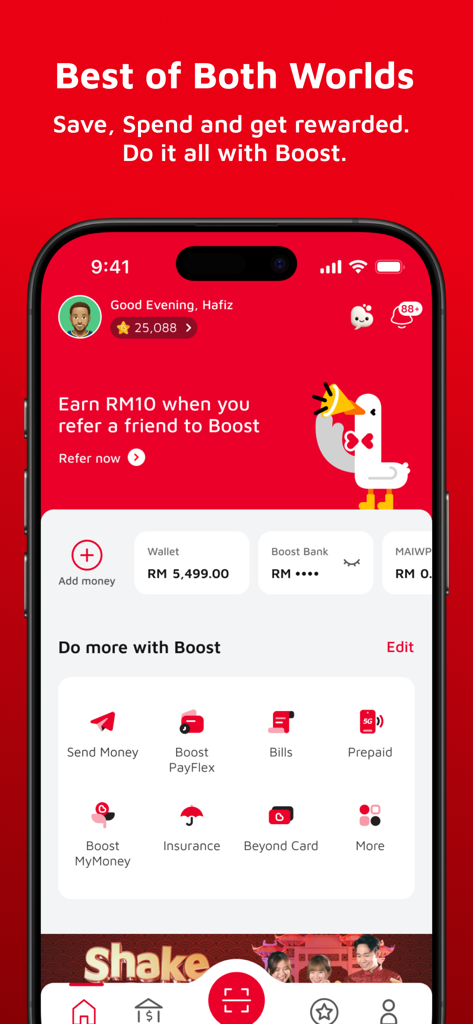 Boost App Malaysia home screen showing digital wallet balance and various financial services