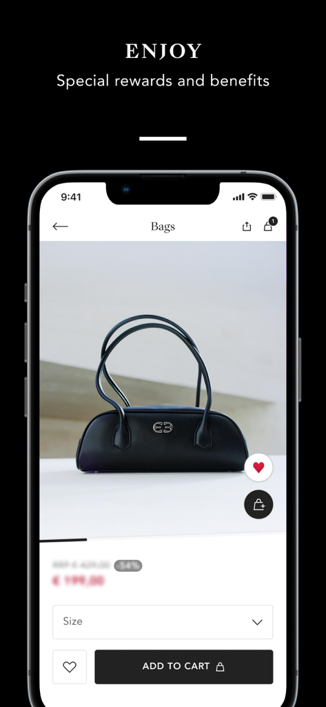 BESTSECRET - Product page of the BESTSECRET app showcasing a black designer handbag with an add to cart button