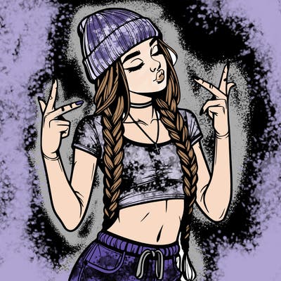 realistic teenage girl with braids and a beanie and crop top doing 🫶🏼