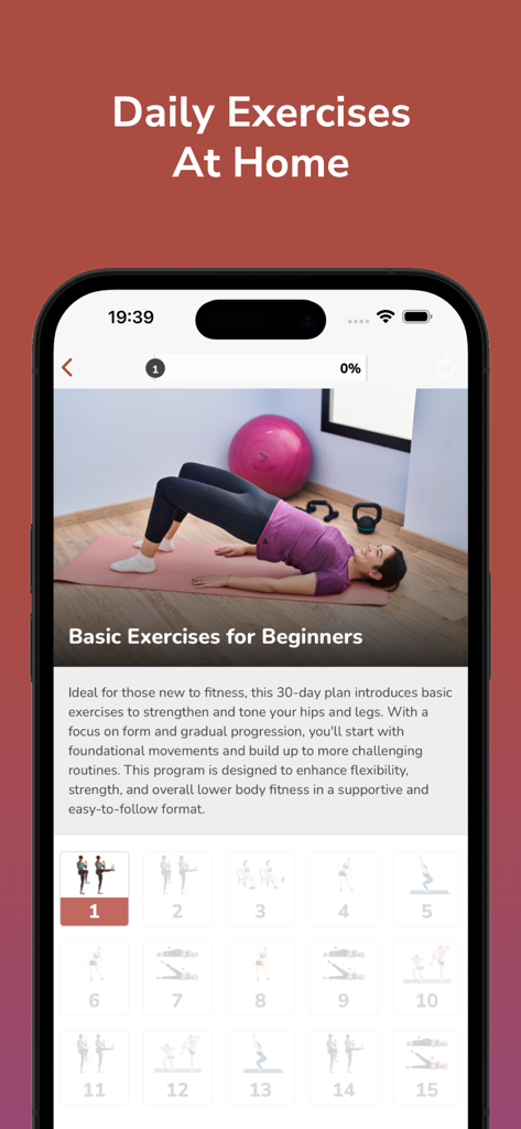 Interfaccia di un'app di fitness che mostra un piano di fitness di 30 giorni con esercizi di base per principianti da fare a casa
