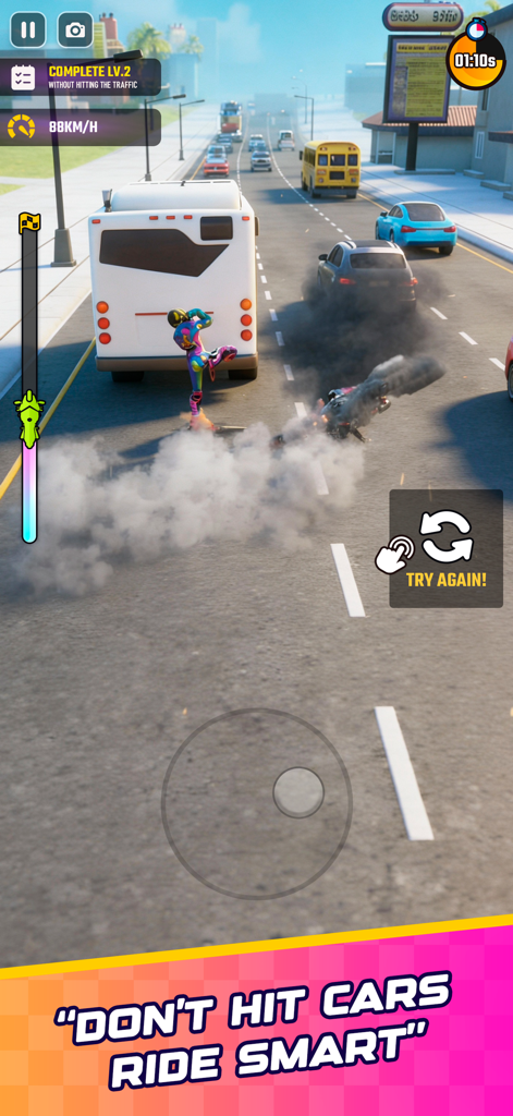 Rush Bike 3D: Bike Racing Game - A colorful biker standing next to a smoking motorcycle crash on a busy highway with a try again button
