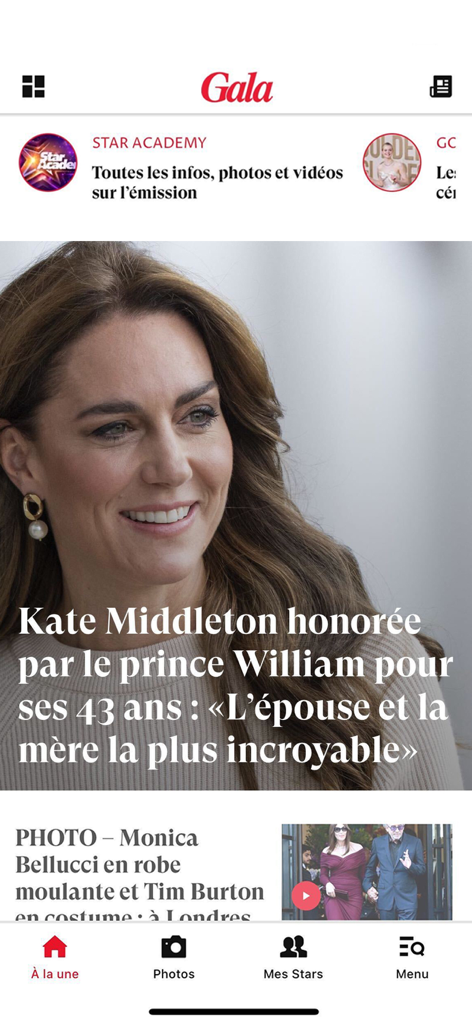 Startseite der Gala-App mit einem Nachrichtenartikel über Kate Middleton