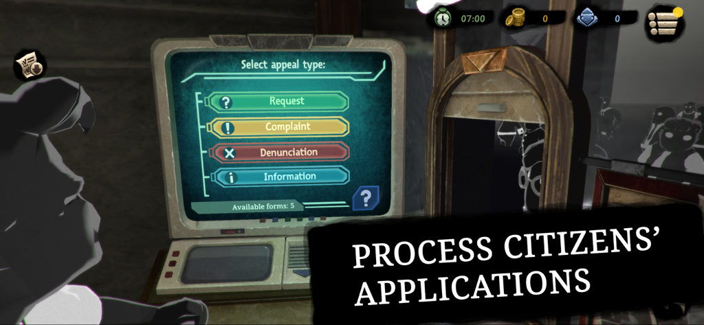Beholder 2 - A retro-style computer terminal in Beholder 2 showing options to process citizen requests complaints and denunciations