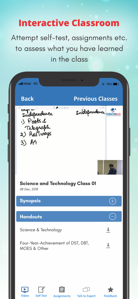 Vision IAS mobile app interactive classroom feature with video lecture and study handouts