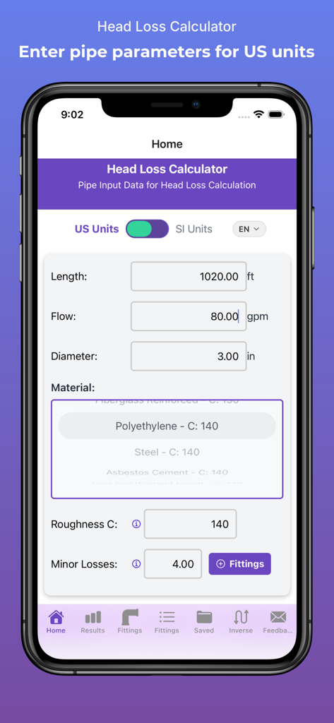HydroCalc Plus - HydroCalc Plus mobile app showing the pipe input data screen for head loss calculation