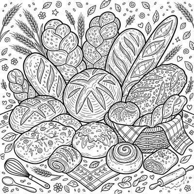 Dive into the delectable world of bread and savory bakes with this intricately designed coloring page, perfect for teens. Explore a variety of crusty loaves and yummy rolls, ready for your artistic touch.