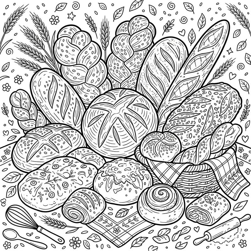 Dive into the delectable world of bread and savory bakes with this intricately designed coloring page, perfect for teens. Explore a variety of crusty loaves and yummy rolls, ready for your artistic touch.