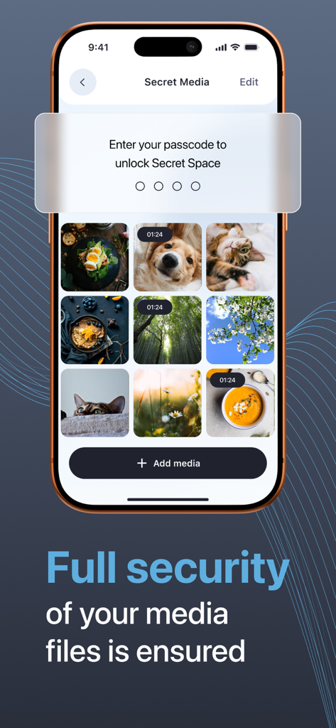 The Secret Space feature in Purilo Cleaner app showing a passcode prompt to protect private media files.