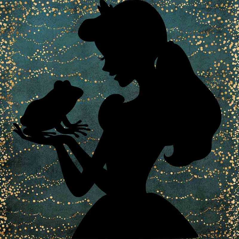 a shadow of a princess holding a frog realistic