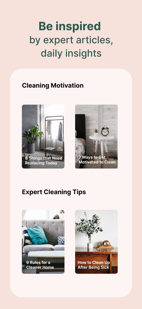 Tidy app interface displaying cleaning motivation articles and expert household tips