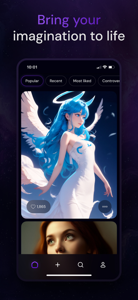 Fictional - Fictional app screen showing a social feed of AI generated characters including an anime angel.