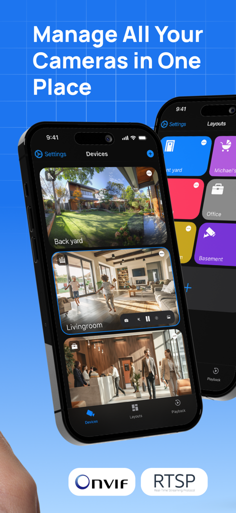 UniCam app interface showing multiple live security camera feeds including backyard and living room