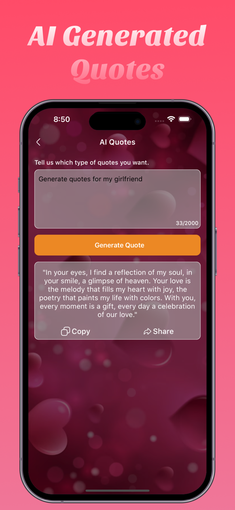 Love Tracker: Day Counter - Uma captura de tela do aplicativo Love Tracker mostrando a interface de Citações Geradas por IA com uma mensagem romântica para um parceiro.