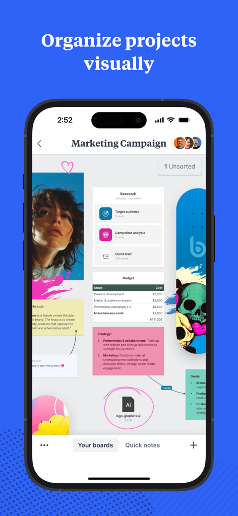 Milanote-Mobile-App-Oberfläche, die ein visuelles Marketingkampagnen-Board mit Bildern, Notizen und einer Budgettabelle anzeigt