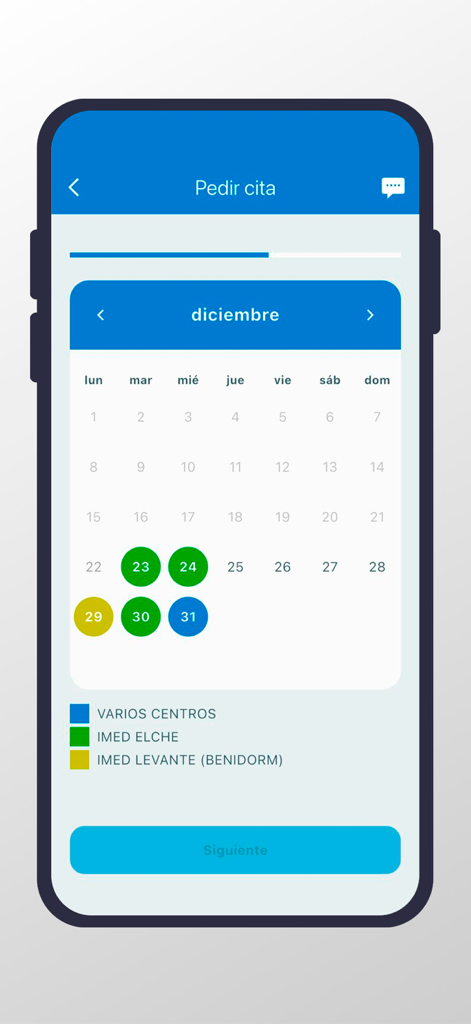 Pantalla de reserva de citas en la aplicación IMED Hospitales con un calendario codificado por colores para diciembre para diferentes ubicaciones de hospitales.
