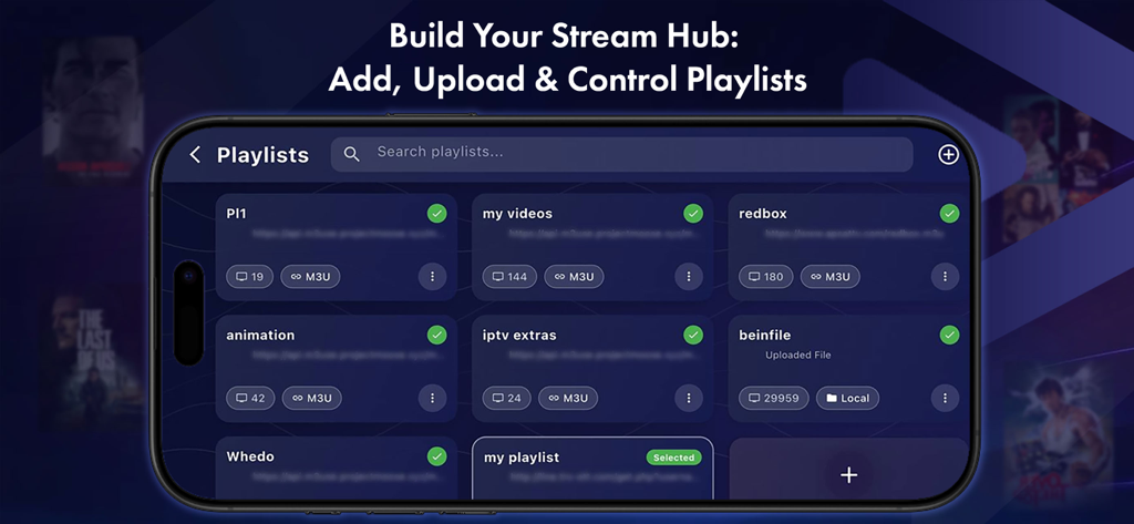 OTT Nav Tivimain IPTV Smarters - A mobile interface displaying multiple M3U playlists and a search bar for managing IPTV streams