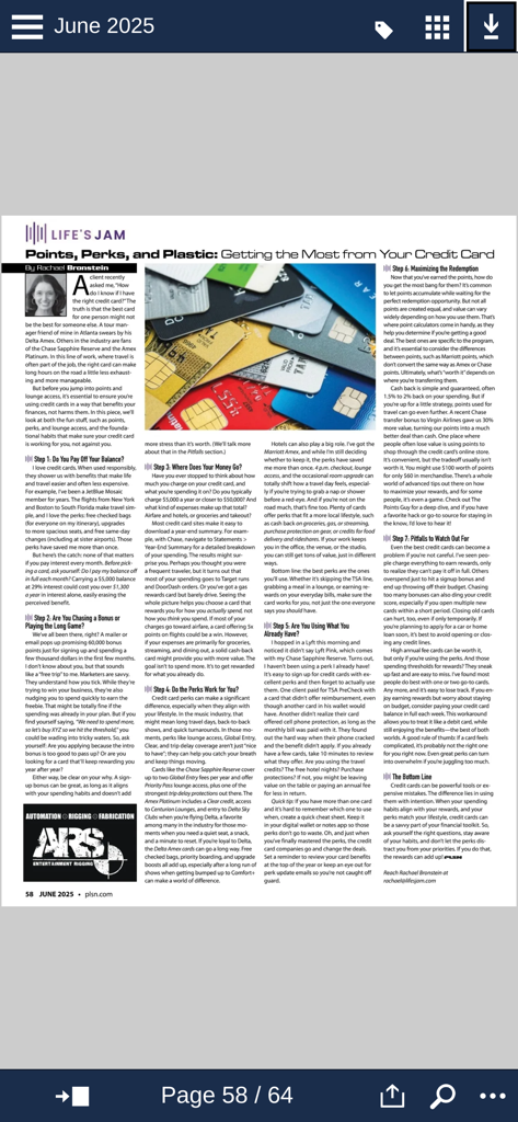 PLSN - A page from PLSN magazine featuring an article on how entertainment industry professionals can maximize credit card rewards.
