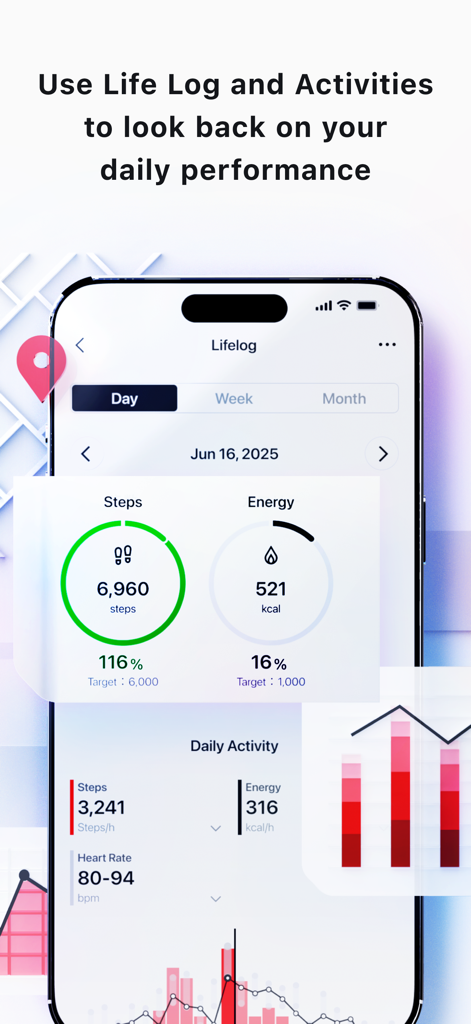 Smartphone screen of the Casio Watches app displaying the Lifelog feature with step counts and energy consumption data