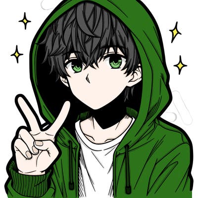 teenage manga boy in a hoodie, doing ✌