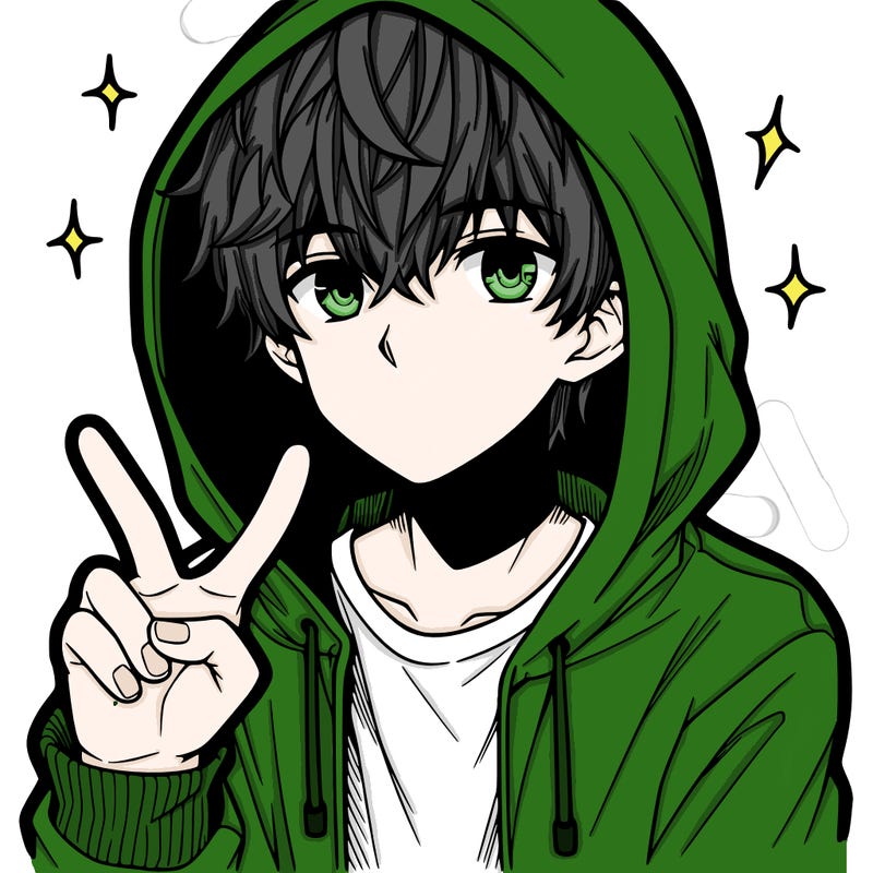 teenage manga boy in a hoodie, doing ✌