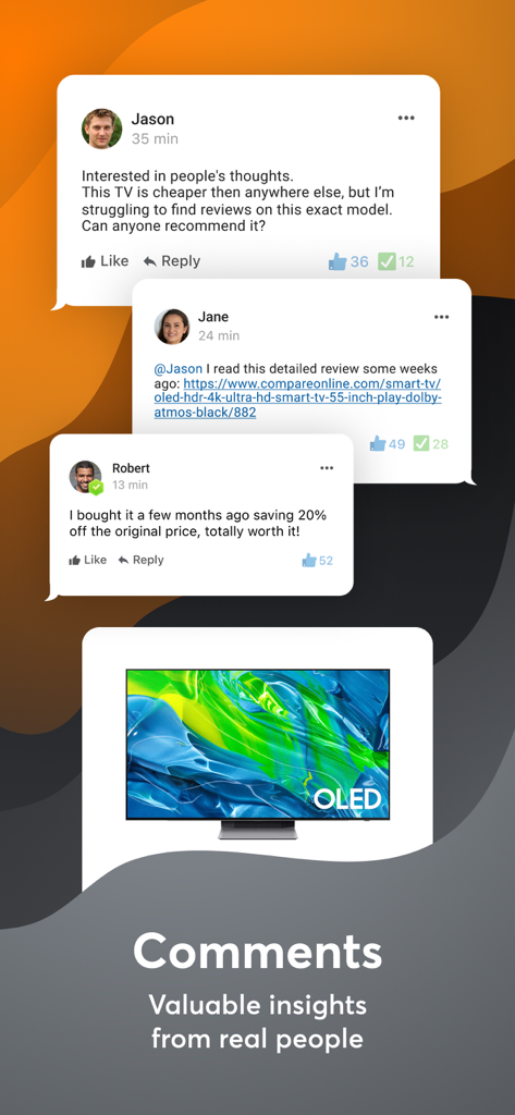 hotukdeals - Deals & Discounts - Interfaz de la aplicación hotukdeals que muestra comentarios y reseñas de usuarios sobre una oferta de TV