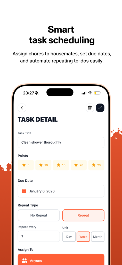 Screen of Howe app showing task details for cleaning a shower with point rewards and repeat settings