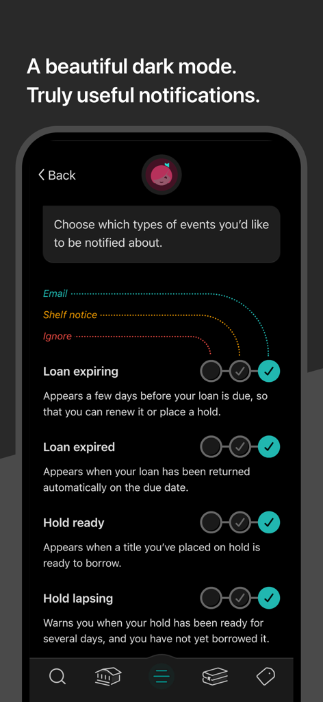 Libby app notification settings screen in dark mode showing loan and hold management options.