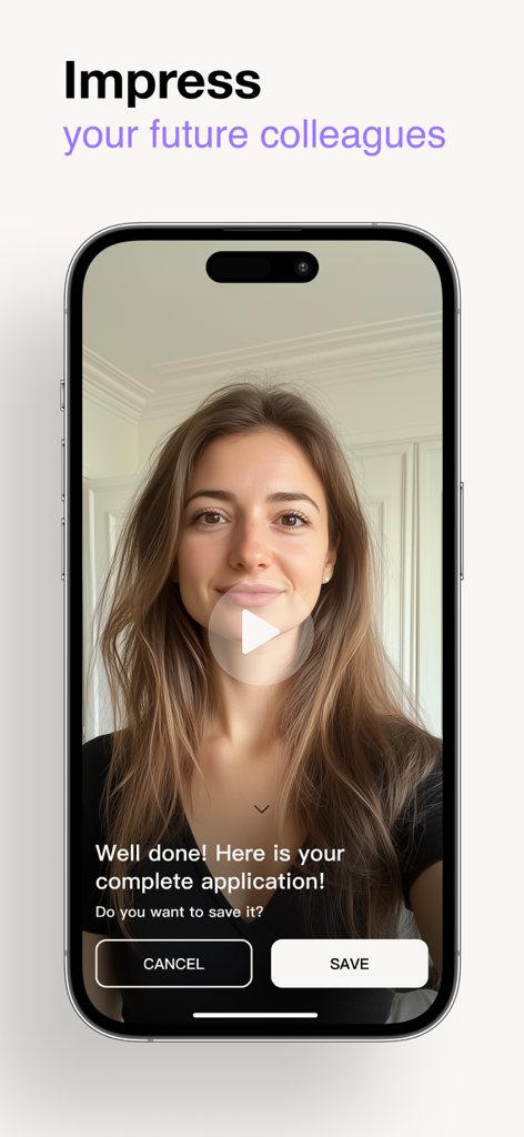 A smartphone showing a finished video job application on the Impress app with save and cancel buttons