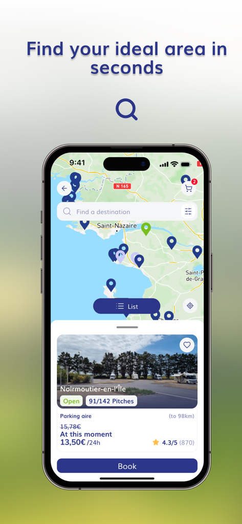 Smartphone screen showing the Camping-Car Park app interactive map and booking details for motorhome areas