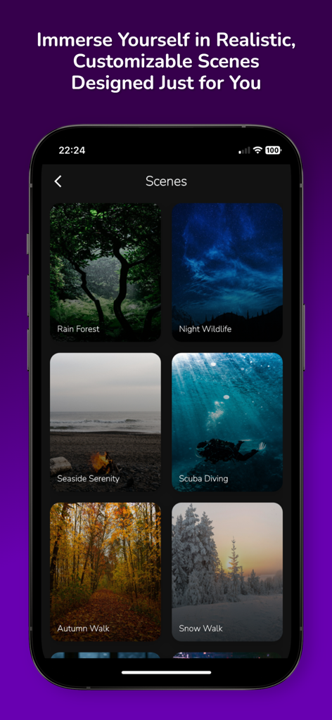 Sleep Sounds • Alarm & Tracker - Pantalla de la aplicación Slumberspace mostrando una cuadrícula de escenas realistas de la naturaleza para sonidos de sueño relajantes