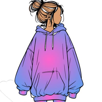 realistic girl with a oversized sweatshirt on and a bun