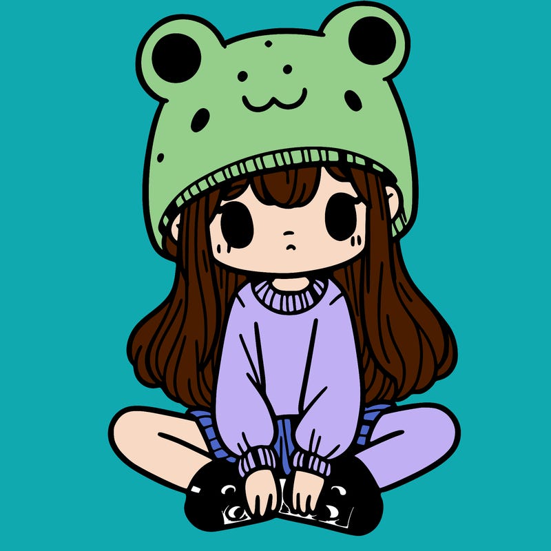 a girl wearing a frog hat and some frog socks