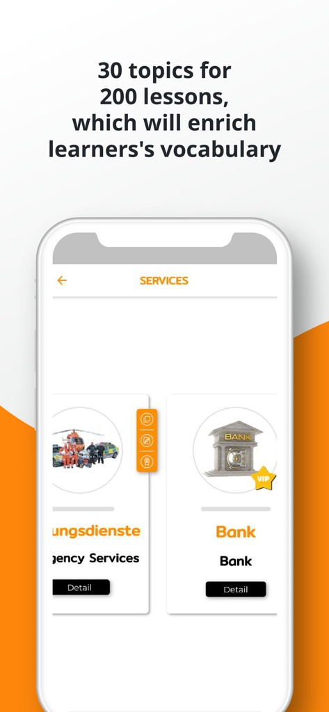 PORO - German Vocabulary - Eine mobile App-Oberfläche, die verschiedene deutsche Vokabelkategorien wie Bank und Notfalldienste mit visuellen Illustrationen zeigt.
