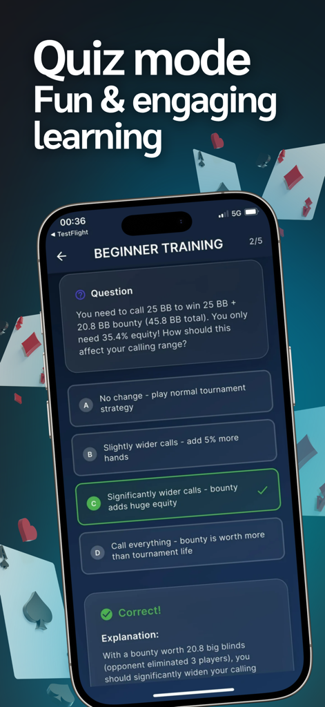 Poker Calculator for Bounty - Ein Screenshot des Trainings-Quizmodus in der Poker Calculator for Bounty App, der eine Multiple-Choice-Frage zu Calling Ranges in einem Bounty-Turnier zeigt.