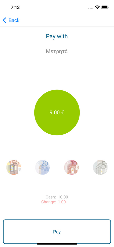 Simple Mobile - Mobile POS interface for waiters showing a cash payment screen with Euro bill icons and change calculation