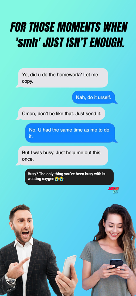 SavageGPT: AI roast assistant - Chat screenshot showing a savage AI roast response in the SavageGPT app